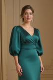 Sirène Satin Col V Marine Robe d’invitée de mariage avec manches 3/4