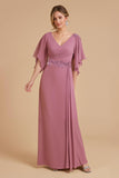 Dusty Rose A Line Flutter Sleeve Robe d’invitée de mariage en mousseline de soie avec appliques