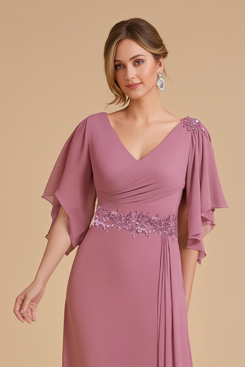 Dusty Rose A Line Flutter Sleeve Robe d’invitée de mariage en mousseline de soie avec appliques