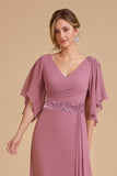 Dusty Rose A Line Flutter Sleeve Robe d’invitée de mariage en mousseline de soie avec appliques