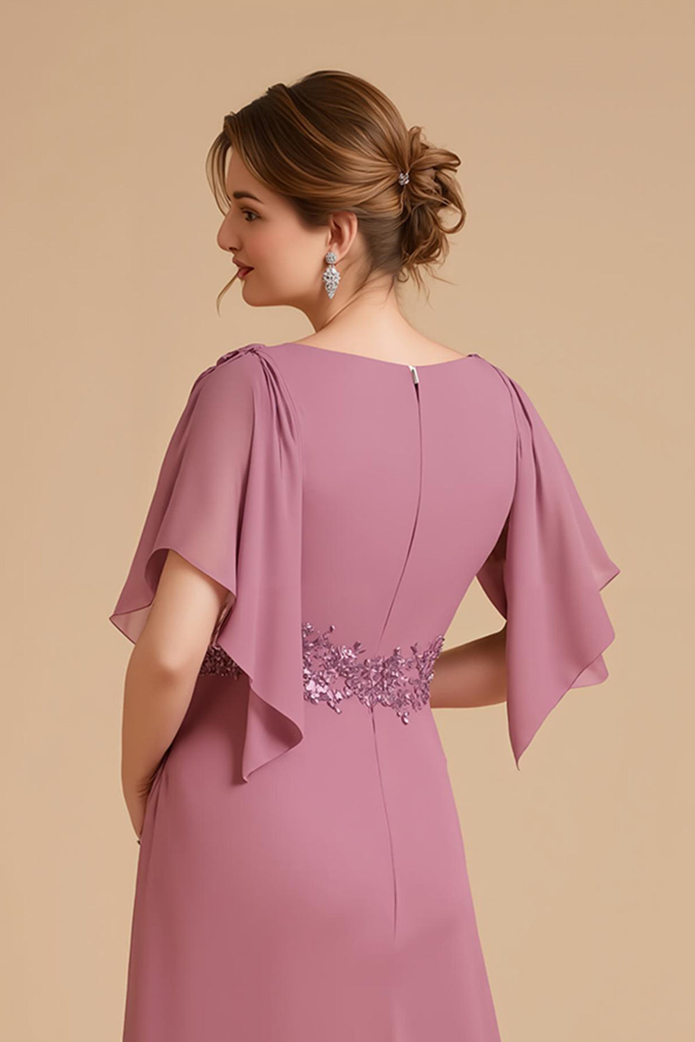 Dusty Rose A Line Flutter Sleeve Robe d’invitée de mariage en mousseline de soie avec appliques