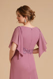 Dusty Rose A Line Flutter Sleeve Robe d’invitée de mariage en mousseline de soie avec appliques