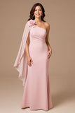 Candy Pink One Shoulder Robe d’invité de mariage en mousseline de soie avec banderole
