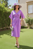 Robe d’invité de mariage midi à col en V froncé violet avec manches flottantes