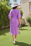 Robe d’invité de mariage midi à col en V froncé violet avec manches flottantes