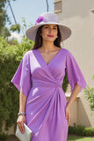 Robe d’invité de mariage midi à col en V froncé violet avec manches flottantes