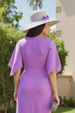 Robe d’invité de mariage midi à col en V froncé violet avec manches flottantes