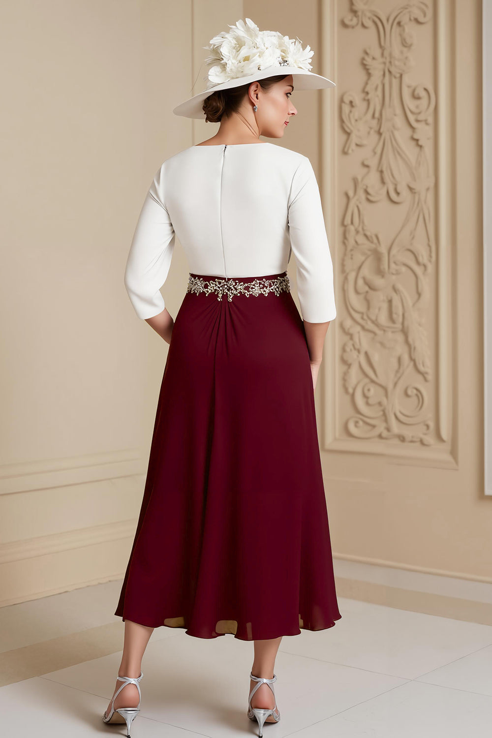 Raisin 3/4 manches bateau col une ligne midi robe d’invité de mariage