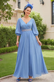 Dusty Blue A Ligne 3/4 manches en mousseline de soie Robe d’invitée de mariage avec perles