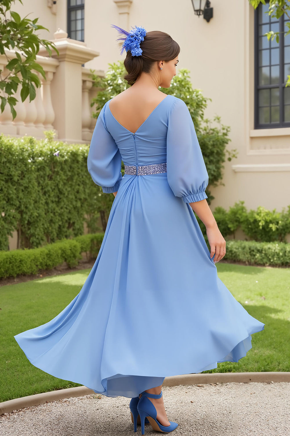 Dusty Blue A Ligne 3/4 manches en mousseline de soie Robe d’invitée de mariage avec perles