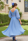 Dusty Blue A Ligne 3/4 manches en mousseline de soie Robe d’invitée de mariage avec perles