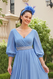 Dusty Blue A Ligne 3/4 manches en mousseline de soie Robe d’invitée de mariage avec perles