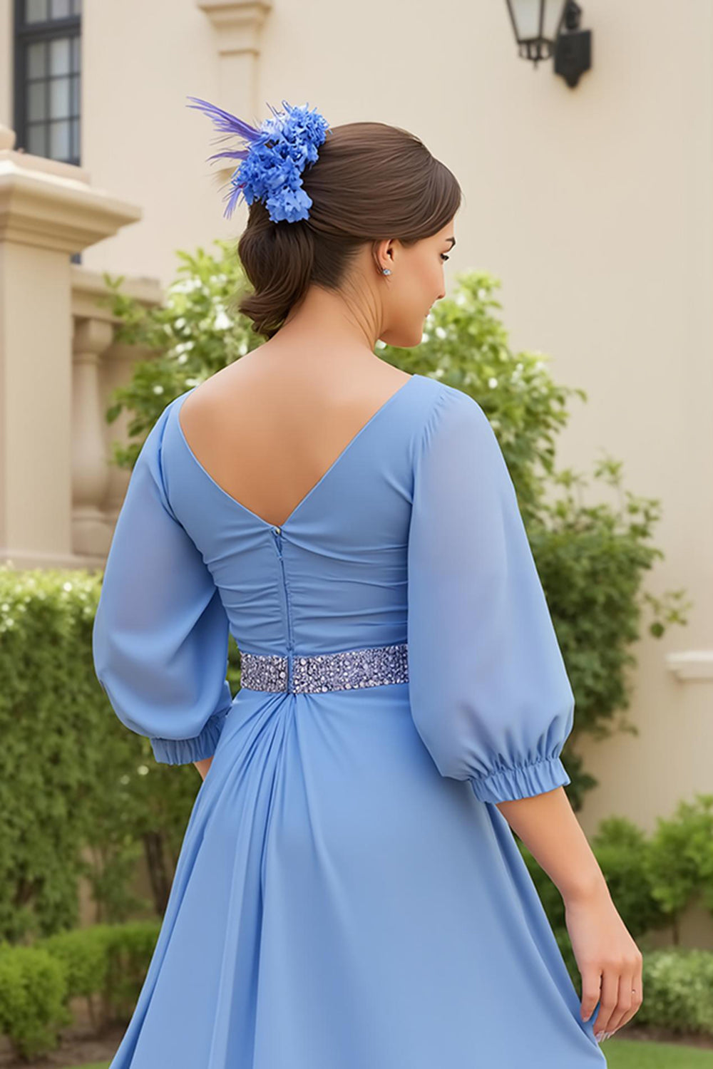 Dusty Blue A Ligne 3/4 manches en mousseline de soie Robe d’invitée de mariage avec perles