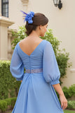 Dusty Blue A Ligne 3/4 manches en mousseline de soie Robe d’invitée de mariage avec perles