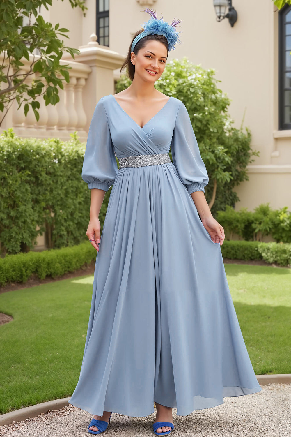 Dusty Blue A Ligne 3/4 manches en mousseline de soie Robe d’invitée de mariage avec perles