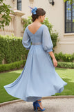 Dusty Blue A Ligne 3/4 manches en mousseline de soie Robe d’invitée de mariage avec perles