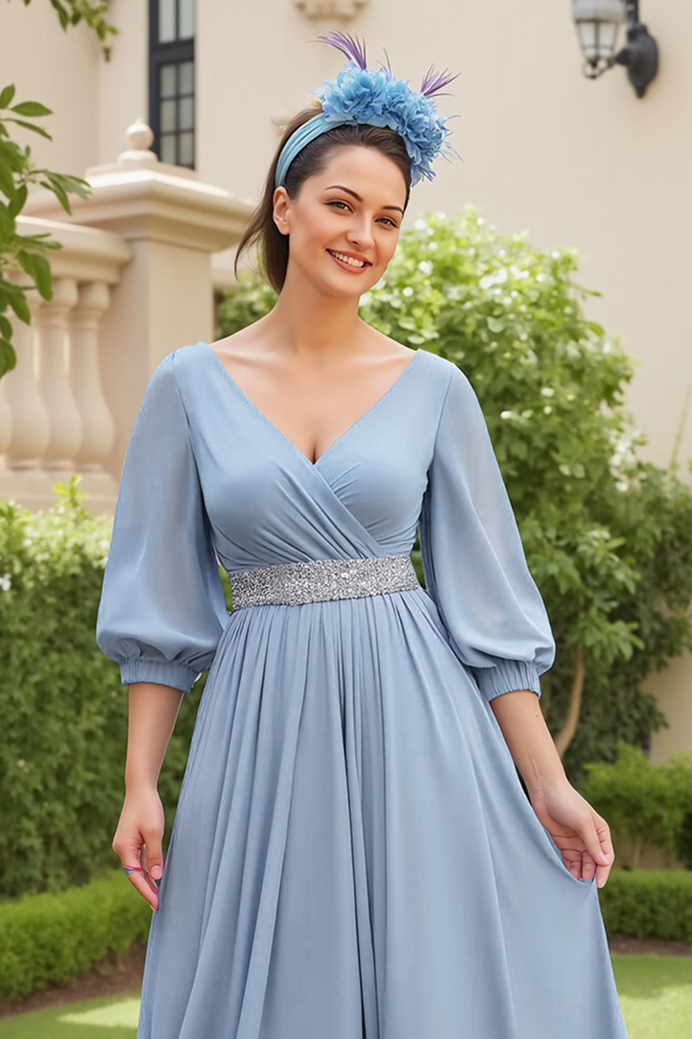Dusty Blue A Ligne 3/4 manches en mousseline de soie Robe d’invitée de mariage avec perles