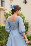 Dusty Blue A Ligne 3/4 manches en mousseline de soie Robe d’invitée de mariage avec perles