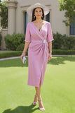 Candy Pink Ruched Midi Wrap Robe d’invité de mariage avec demi-manches