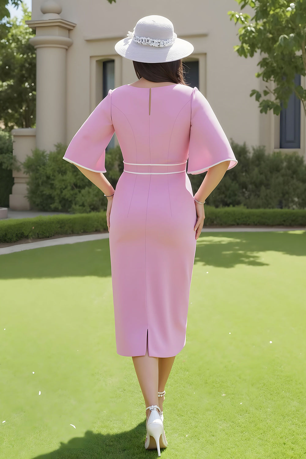 Candy Pink Ruched Midi Wrap Robe d’invité de mariage avec demi-manches