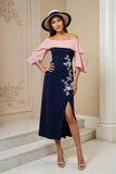 Épaule dénudée Bleu Marine fourreau Applique Midi Robe d’invité de mariage avec fente