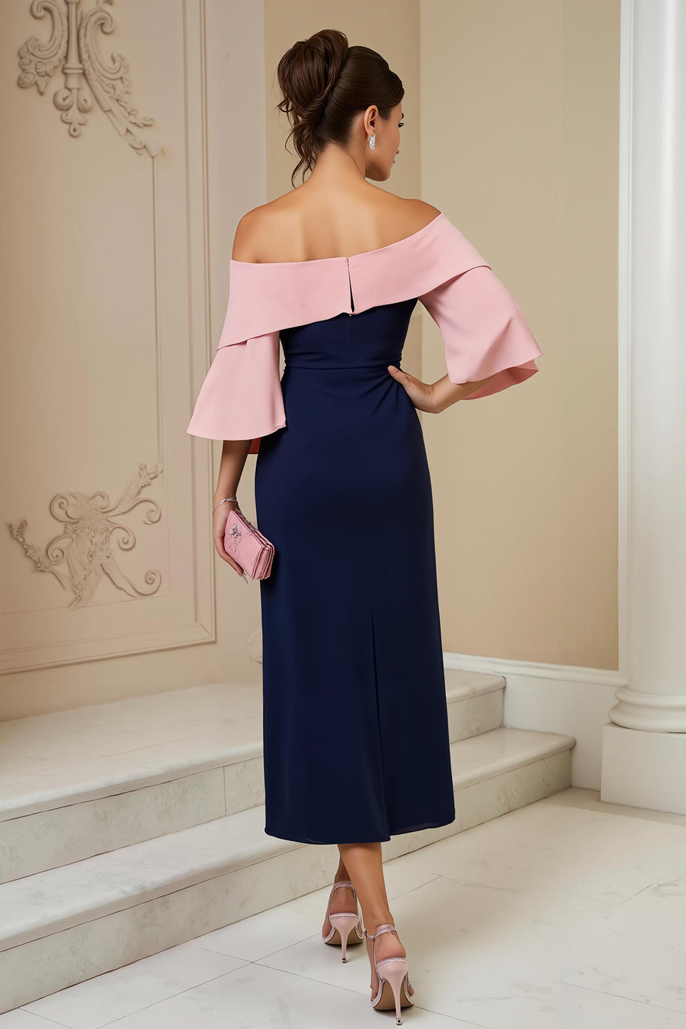 Épaule dénudée Bleu Marine fourreau Applique Midi Robe d’invité de mariage avec fente