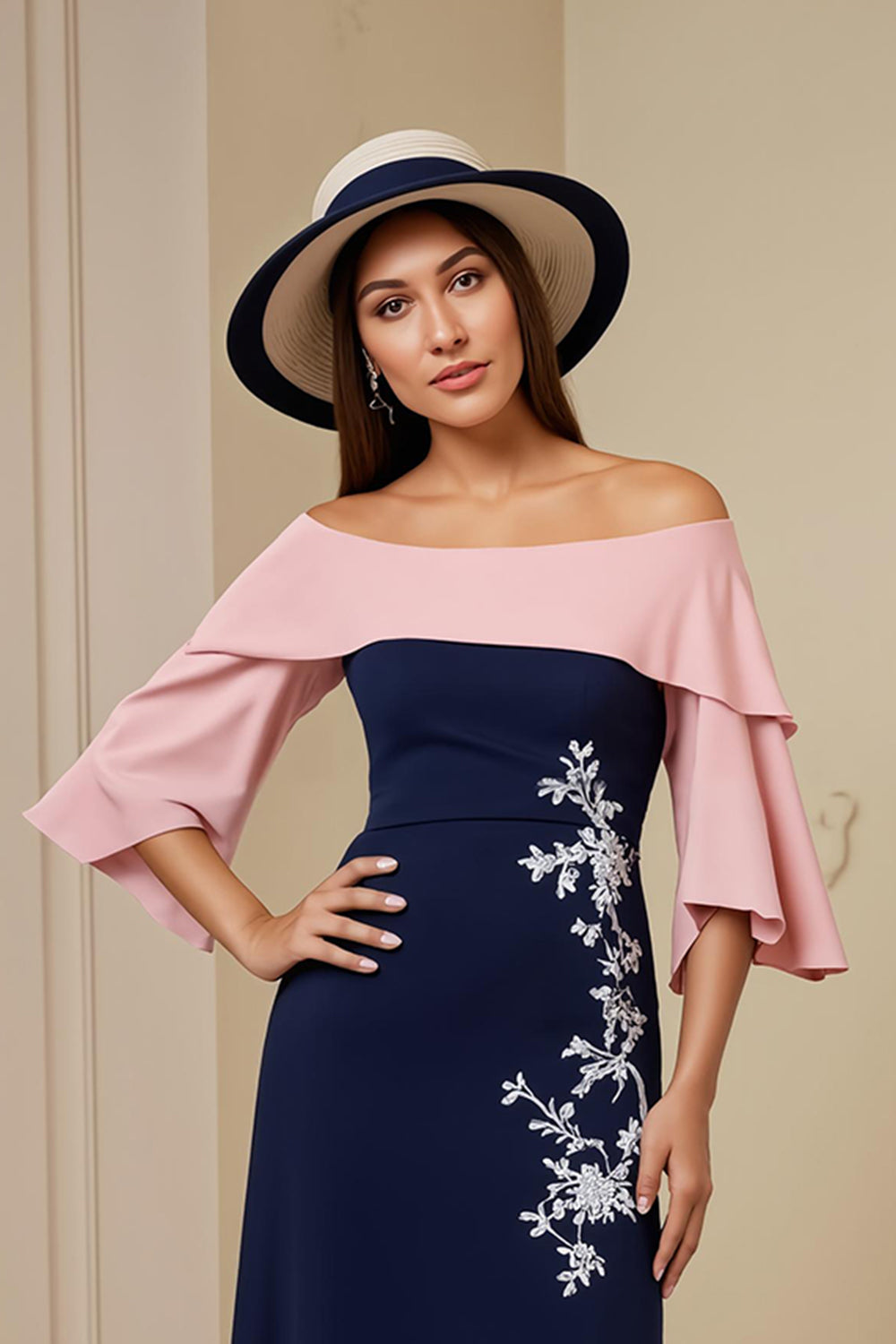 Épaule dénudée Bleu Marine fourreau Applique Midi Robe d’invité de mariage avec fente