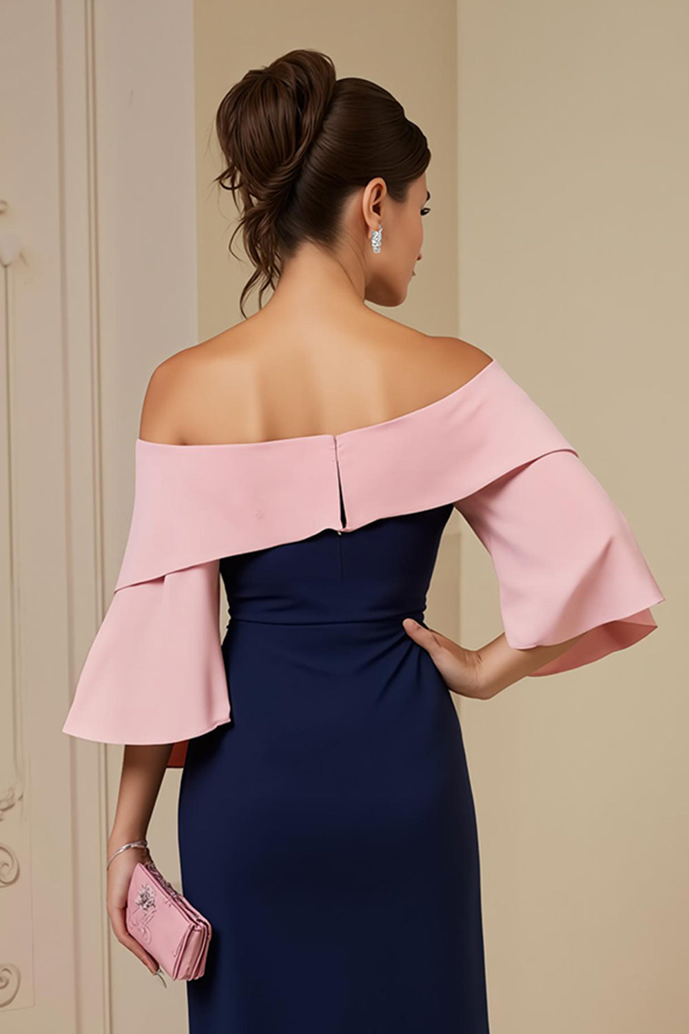 Épaule dénudée Bleu Marine fourreau Applique Midi Robe d’invité de mariage avec fente