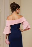 Épaule dénudée Bleu Marine fourreau Applique Midi Robe d’invité de mariage avec fente