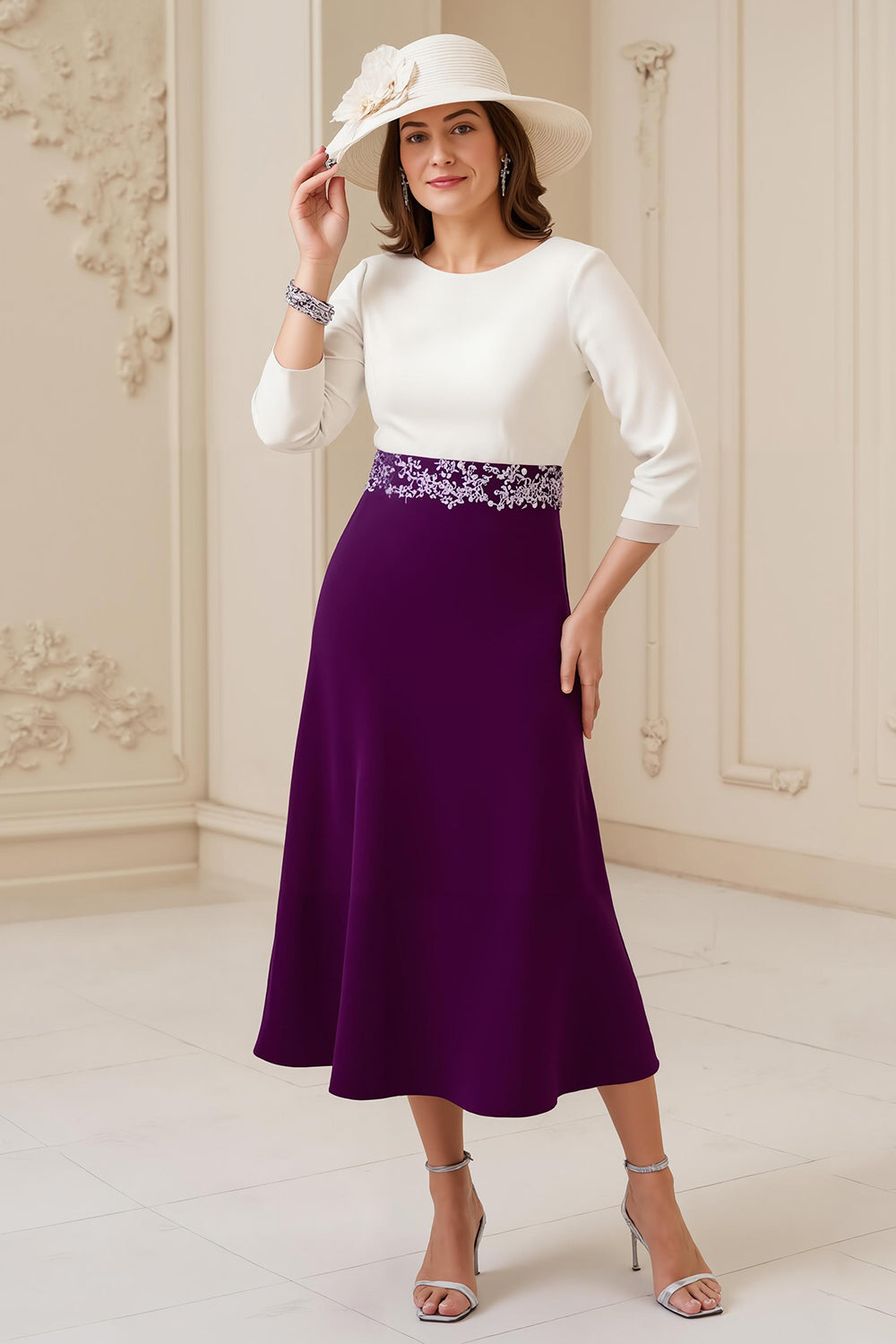 Marine A Ligne Bateau col 3/4 Manches Midi Robe d’invité de mariage avec appliques