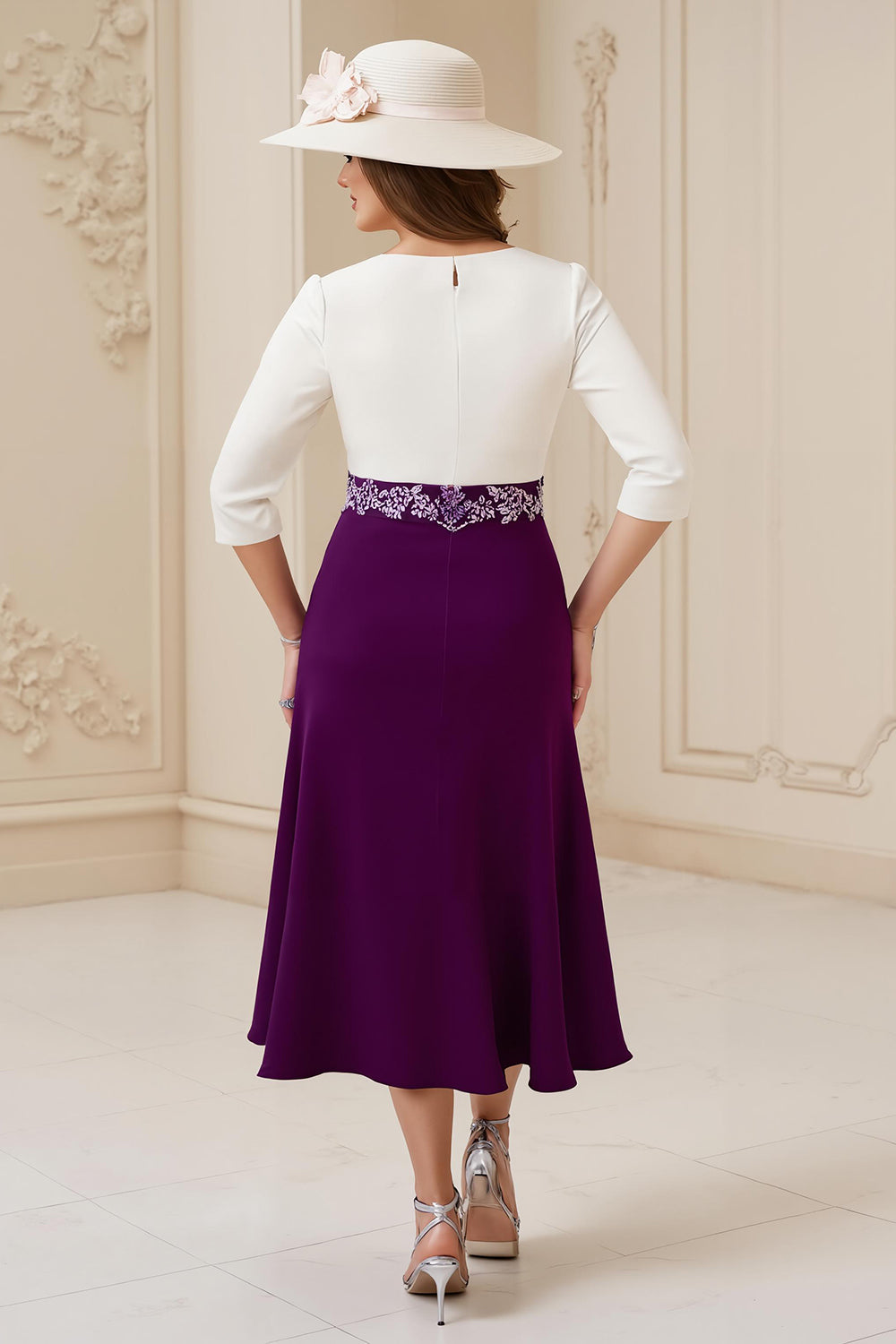 Marine A Ligne Bateau col 3/4 Manches Midi Robe d’invité de mariage avec appliques
