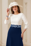 Marine A Ligne Bateau col 3/4 Manches Midi Robe d’invité de mariage avec appliques
