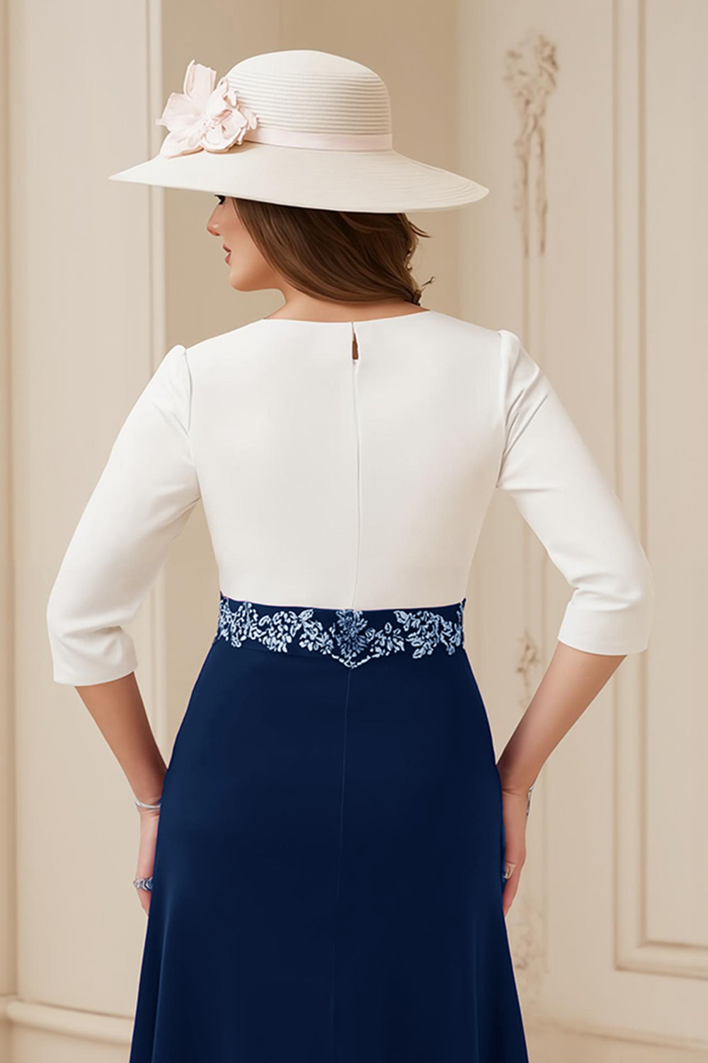 Marine A Ligne Bateau col 3/4 Manches Midi Robe d’invité de mariage avec appliques