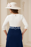 Marine A Ligne Bateau col 3/4 Manches Midi Robe d’invité de mariage avec appliques