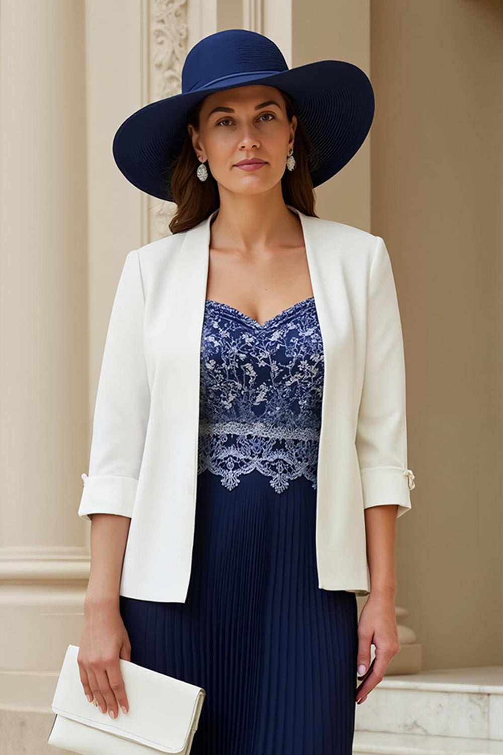 Navy Sweetheart Une ligne 2 pièces Midi Robe d’invité de mariage avec dentelle