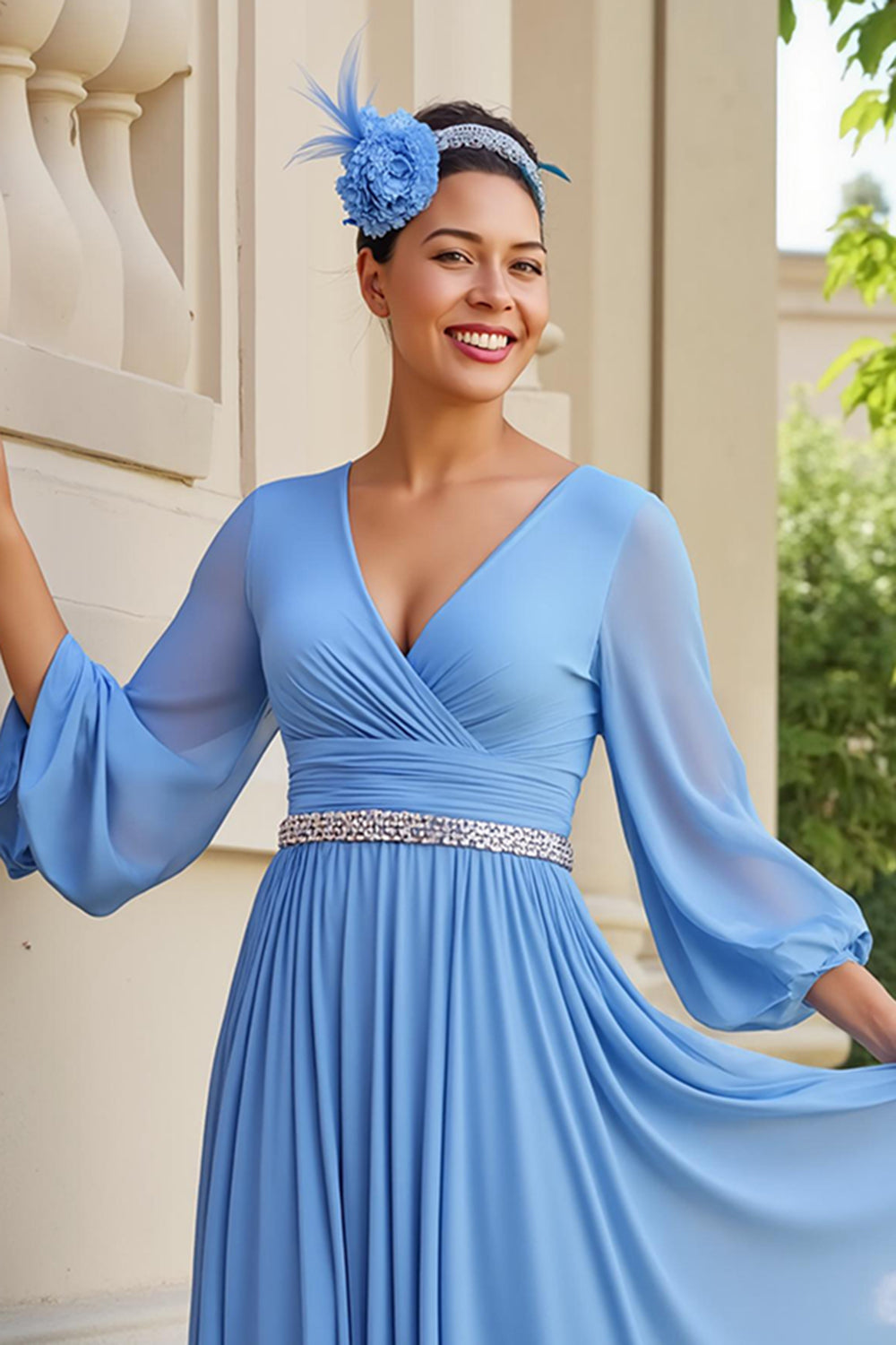 Bleu Clair Une Ligne En Mousseline De Soie À Manches Longues Mariage Invités Drses