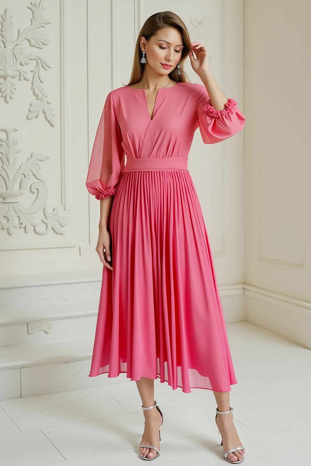 Robe d’invitée de mariée en mousseline de soie plissée rose vif