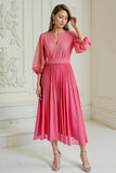 Robe d’invitée de mariée en mousseline de soie plissée rose vif