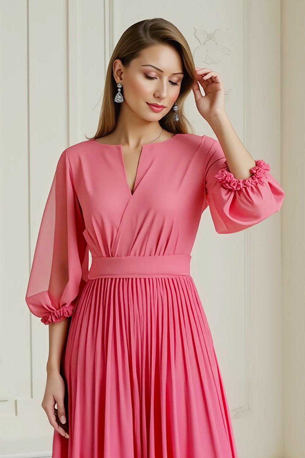 Robe d’invitée de mariée en mousseline de soie plissée rose vif