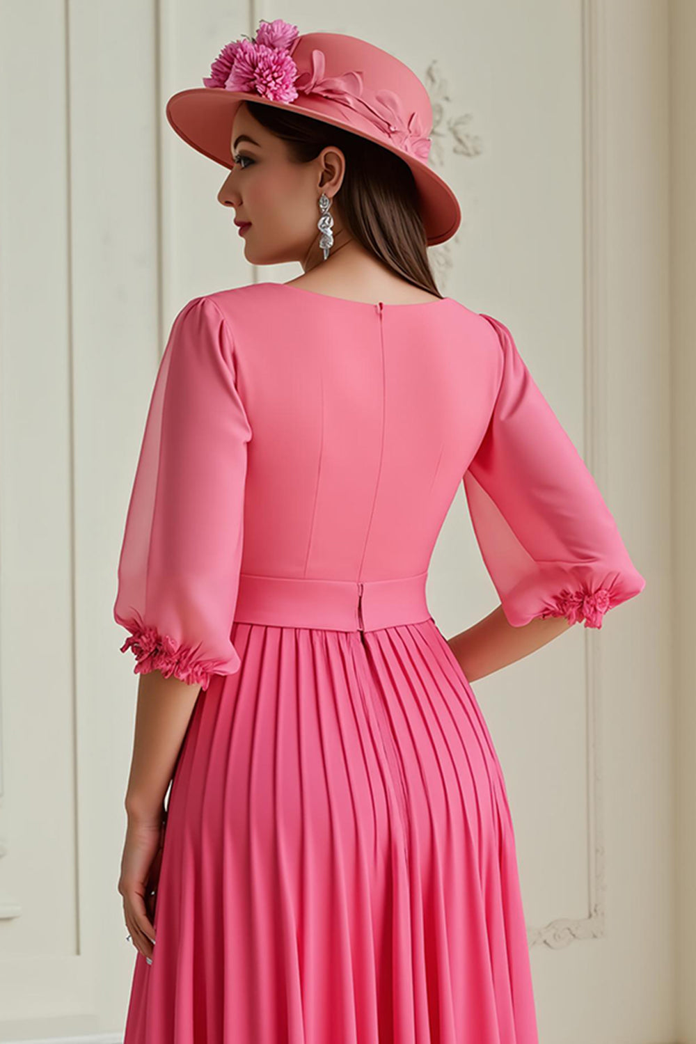 Robe d’invitée de mariée en mousseline de soie plissée rose vif