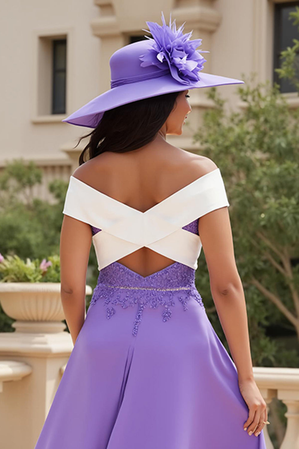 Mousseline de soie violette Une ligne haut-bas Épaule dénudée Robe d’invitée de mariage