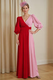 Col en V rouge Mousseline de soie Une ligne Robe d’invité de mariage
