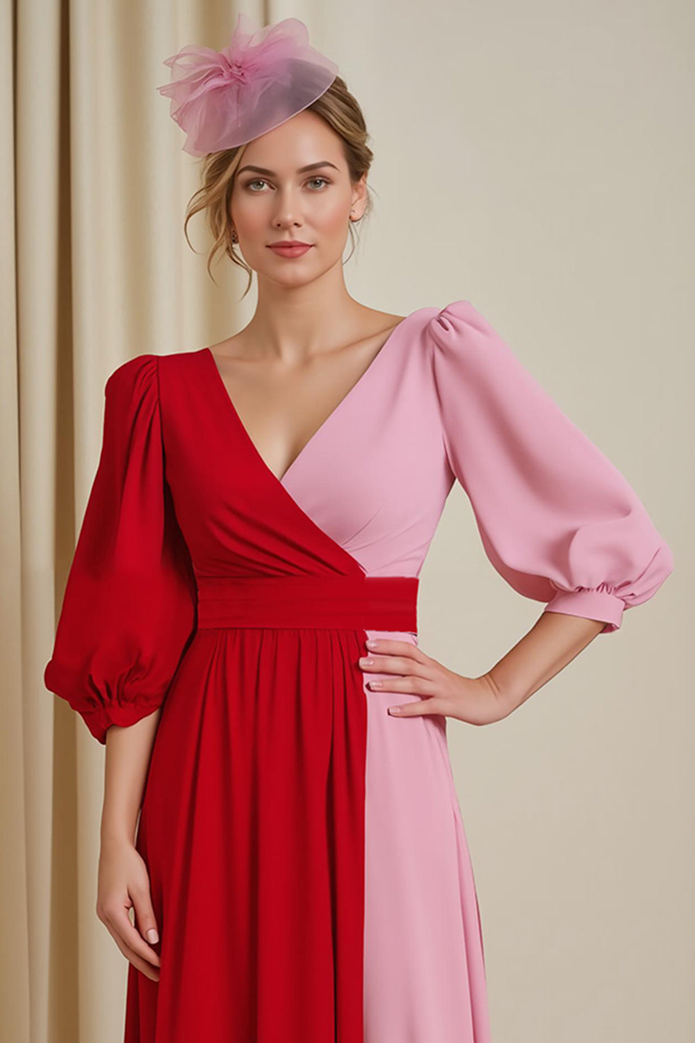 Col en V rouge Mousseline de soie Une ligne Robe d’invité de mariage