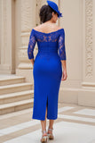 Robe d’invitée de mariée en dentelle bleu royal à épaule dénudée froncée