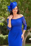 Robe d’invitée de mariée en dentelle bleu royal à épaule dénudée froncée