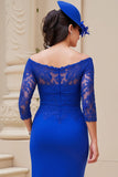 Robe d’invitée de mariée en dentelle bleu royal à épaule dénudée froncée