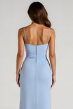 Bleu clair spaghetti bretelles fourreau froncé longue robe de demoiselle d’honneur