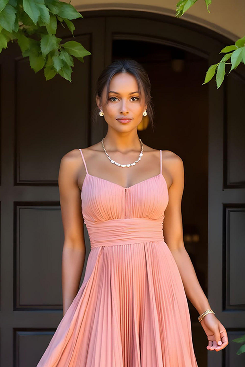 Sunset A-ligne Mousseline de soie plissée longue robe de demoiselle d’honneur