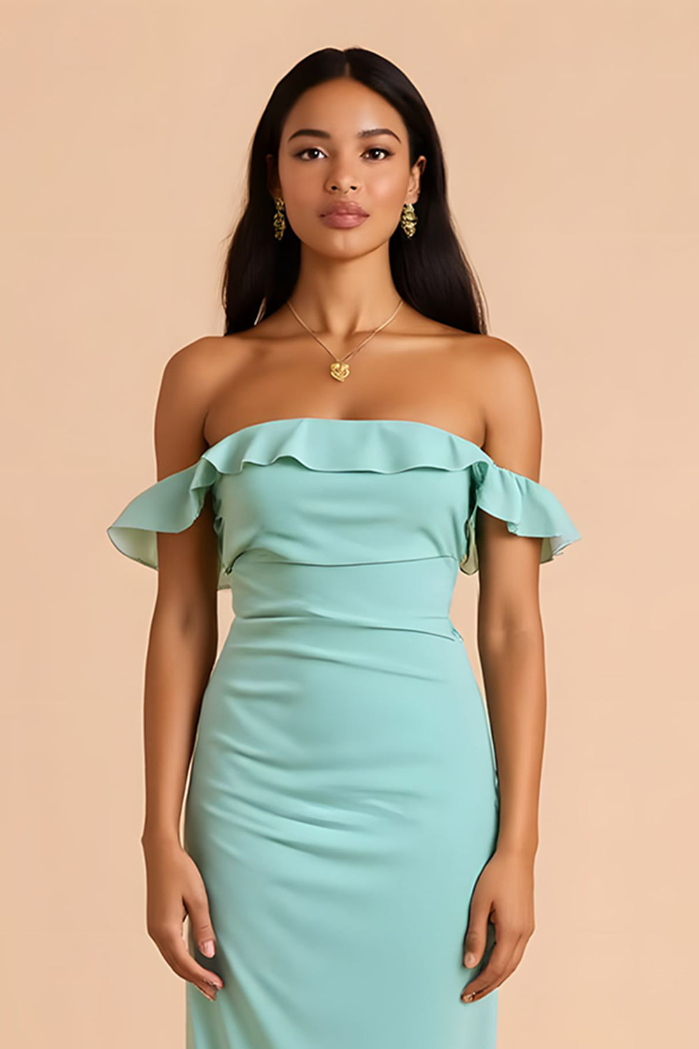 Robe de demoiselle d’honneur longue fourreau à épaules dénudées vert menthe