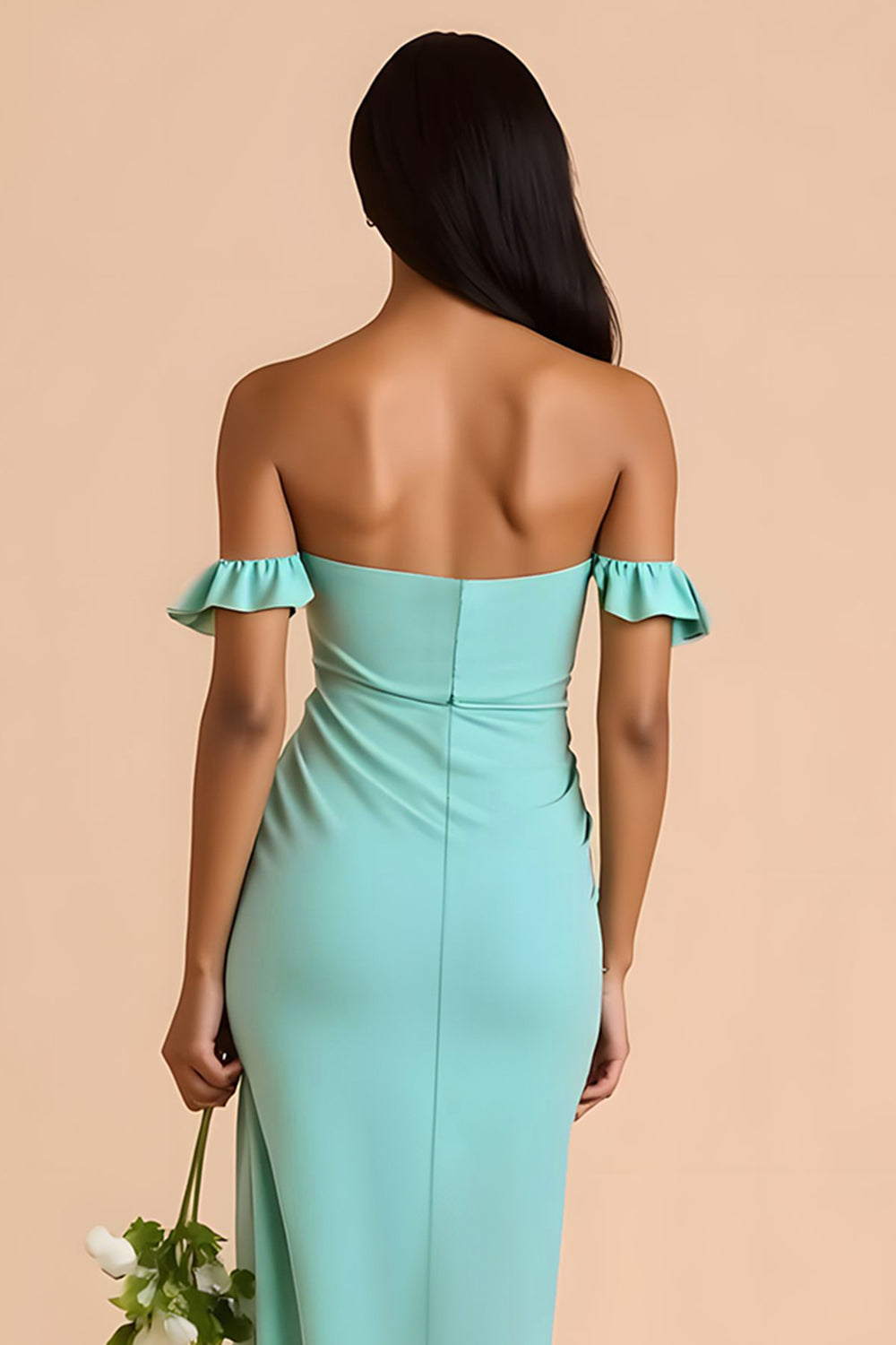 Robe de demoiselle d’honneur longue fourreau à épaules dénudées vert menthe